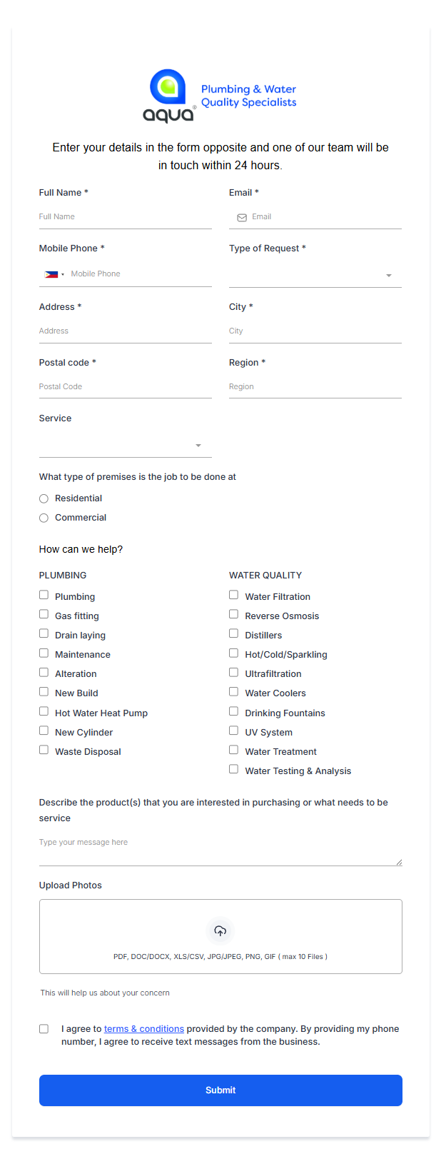 Aqua Plumbing & Water Quality Lead Form